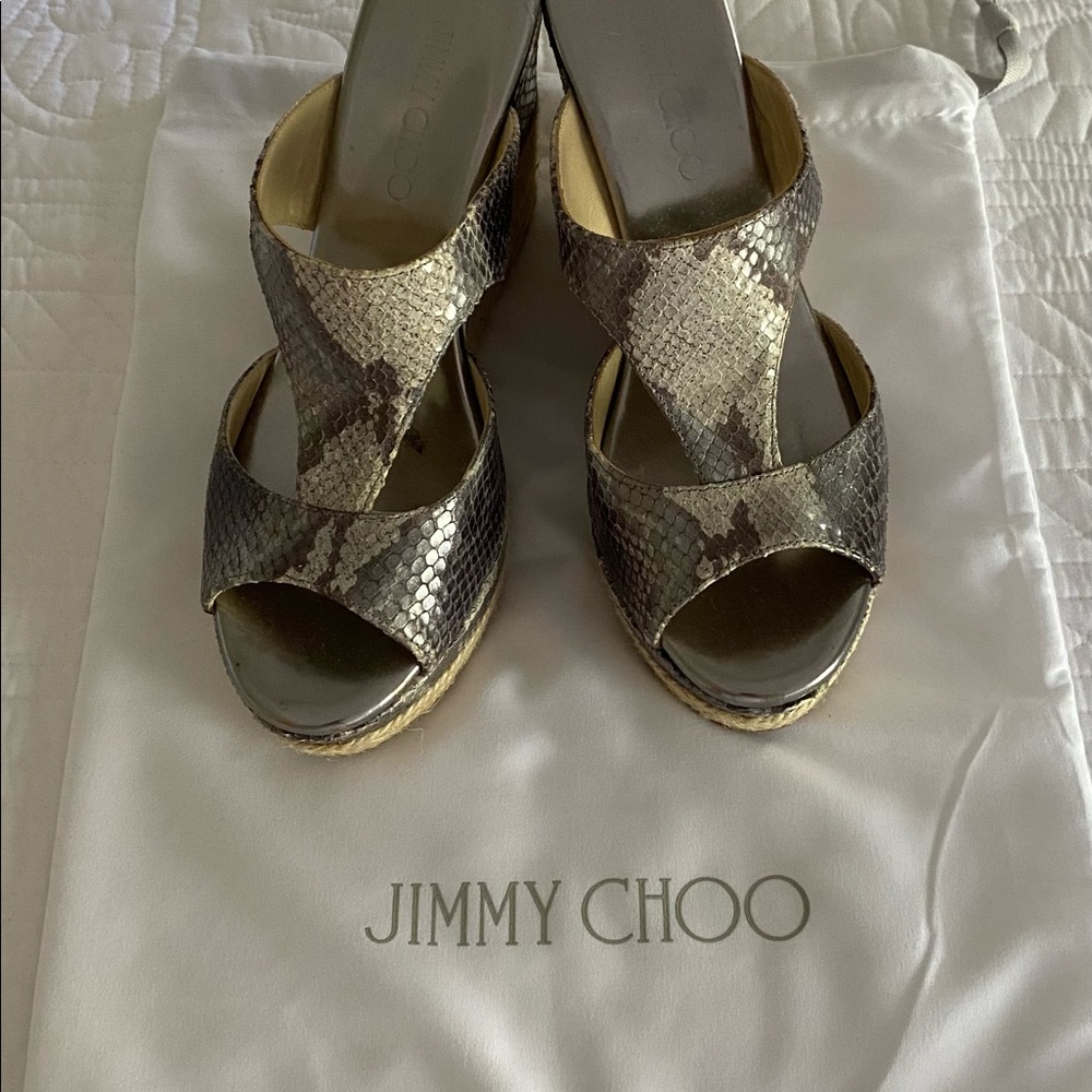 Jimmy Choo Metallic Snake-Print Espadrille Platform Sandals - Silver/Taupe